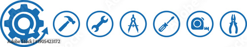 Blue Circular Tool Icon Set for Construction, Engineering, Home Repair, Technical Support, Hardware Equipment, DIY Maintenance, Carpentry Work, and Service Industry