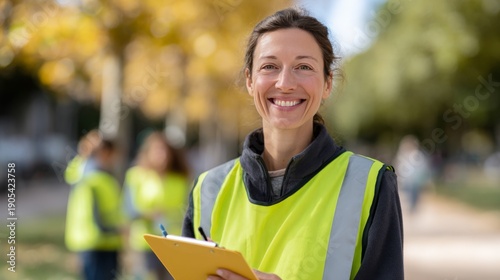 Caucasian adult female in safety vest smiling while holding clipboard outdoors