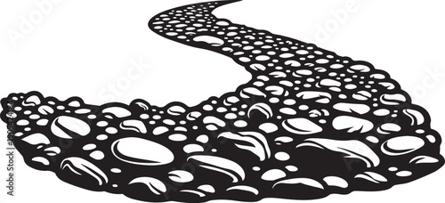 Black and white illustration of a winding pebble path