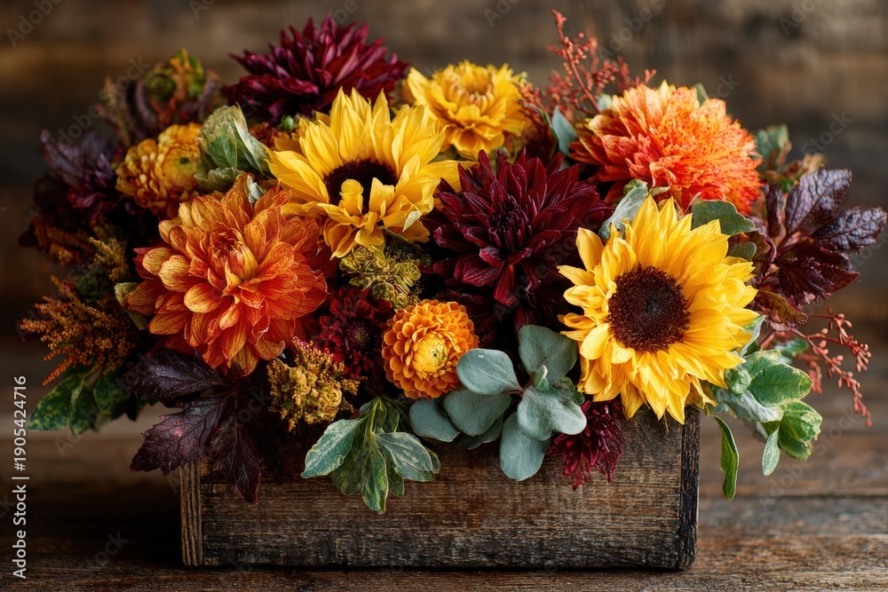 Obraz premium Seasonal autumn arrangement with sunflowers dahlias and burgundy foliage in rustic wooden box, harvest floristry and farm to table natural decoration centerpiece for fall celebration.
