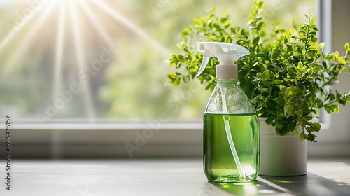 Eco-friendly green cleaning spray bottle on a wooden table near a window. Fresh household detergent with a plant in sunlight.
