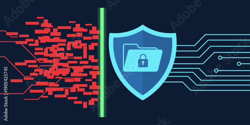 Tech shield icon protecting a data folder from glitch lines. Green barrier blocks red jagged lines while blue lines connect safely. Dark mode neon tech illustration.