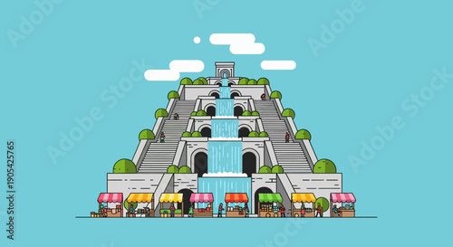 Exotic tiered waterfall with bustling marketplace below and bright blue sky