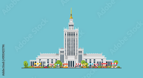 Vector illustration of a classic European skyscraper landmark with a street fair