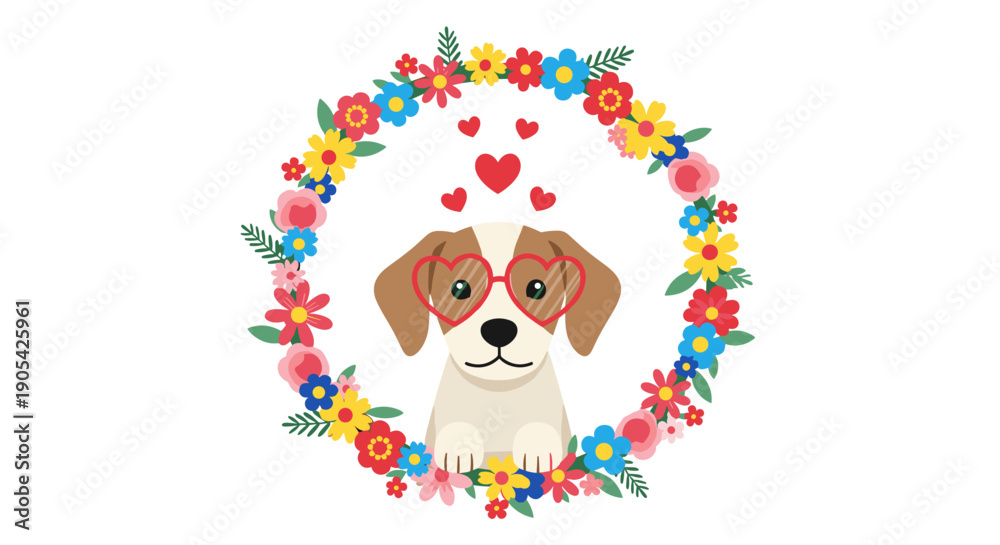Naklejka premium Sweet brown and white puppy wearing red heart-shaped sunglasses is framed by a colorful spring flower wreath with green leaves and small buds.