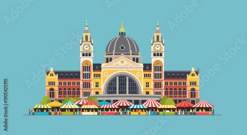 Central Railway Station Architecture and Market in a Bustling Cityscape
