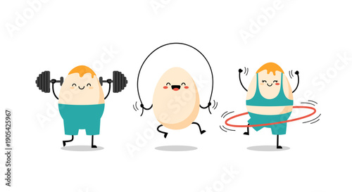 Group of funny boiled egg characters are staying active by lifting weights jumping rope and using a hula hoop against a white background.
