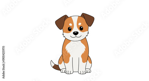 Well behaved brown and white puppy sits patiently on a plain white surface while looking directly at the camera with a friendly smile.
