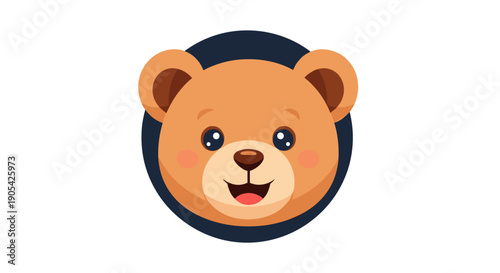 Close up portrait of a sweet and smiling brown teddy bear face looking out from a dark circular background window on a white surface.