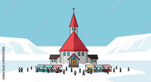 Lively winter market scene with a prominent church and snow-capped peaks