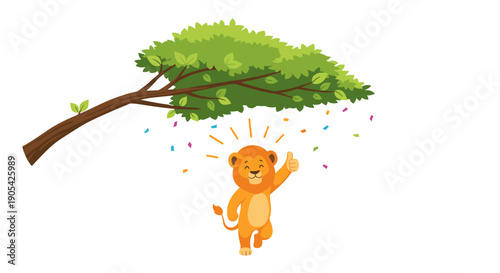 Happy young lion character celebrates under a large green tree with colorful confetti falling through the air on a white background.
