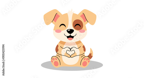 Sweet little tan puppy sits happily while making a heart shape with its front paws to show love and affection on a white background.