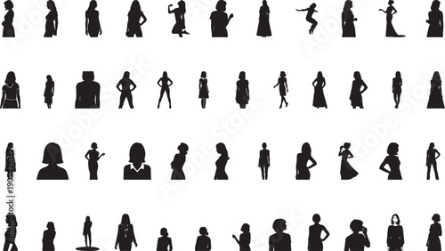 Female silhouette icon set showing women standing, walking, dancing and lifestyle poses, black flat vector women figures isolated on white background for modern design use