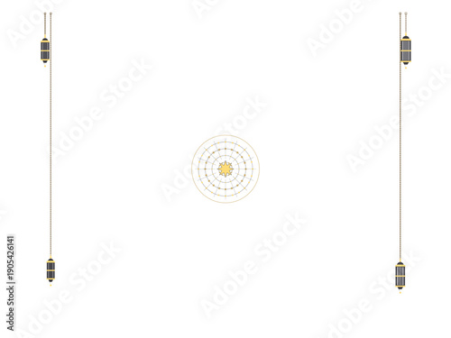 Islamic Ramadan lanterns with intricate golden patterns suspended symmetrically on a minimalist white background