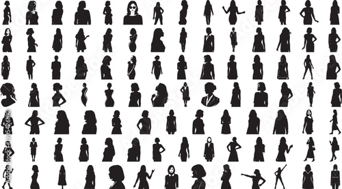 Huge collection of female silhouette icons showing women standing, walking, fashion poses and professional profiles, black flat vector women figures isolated on white background