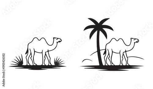Black silhouettes of two camels standing in a desert landscape with a tall palm tree and sand dunes