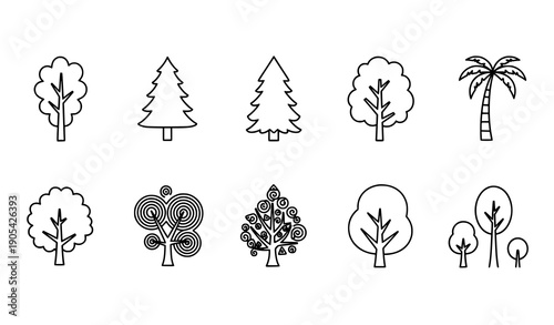 Collection of minimalist tree icons and forest nature symbols featuring pine spruce and deciduous leaf trees for landscape design environment and eco branding