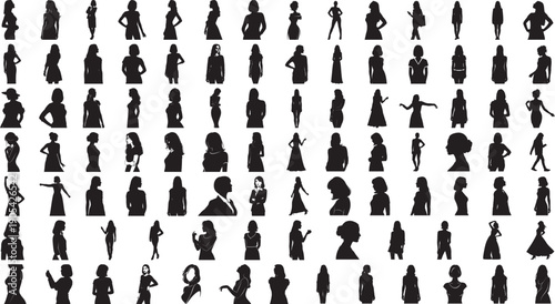 Massive collection of female silhouette icons showing women standing, walking, fashion poses and lifestyle expressions, black flat vector women figures isolated on white background