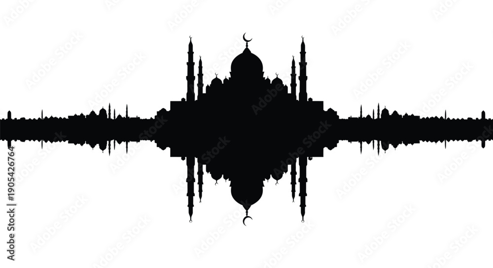 Fototapeta premium Sound Waveform Silhouette of Mosque Dome on White Background with Copy Space