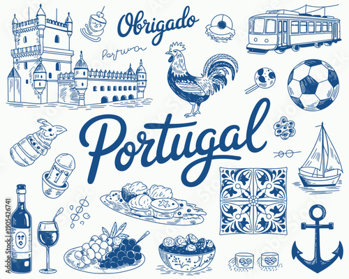 Whimsical Hand Drawn Portugal Symbol Vector Illustration Collection, Playful Cultural Icons and Traditional Portuguese Elements Set