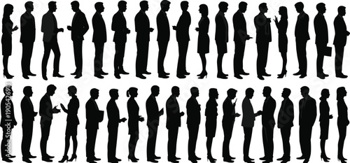 Business people silhouette vector, team communication, formal group conversation, professional interaction, standing office team, teamwork concept, black illustration