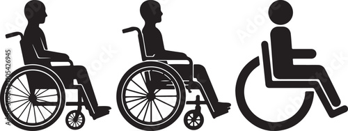 Wheelchair user silhouette icons showing disabled people and accessibility symbols, black flat vector illustrations for mobility, healthcare and inclusive design isolated on white background