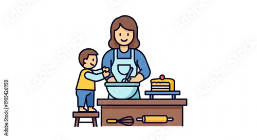 Mother and Son Baking Together in Kitchen with Mixing Bowl and Cake