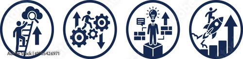 Business growth icons set featuring career progression, professional startup rocket, success ladder, gear symbol for efficiency, and upward achievement arrows.