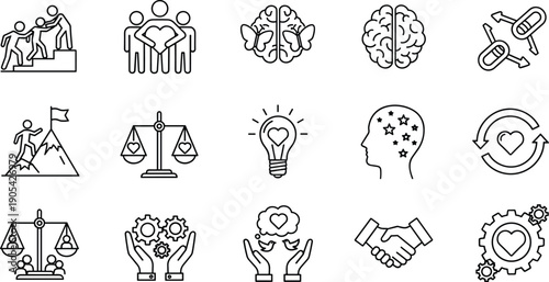 Human values personal growth line icons set, teamwork psychology motivation support symbols, mental health development concept, minimal outline design, flat vector illustration