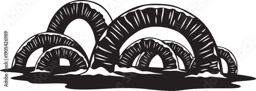 Black and white illustration of abstract arches landscape design