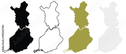 Finland Map Silhouettes: Solid Black, Outline, Olive Green, and Dotted Styles