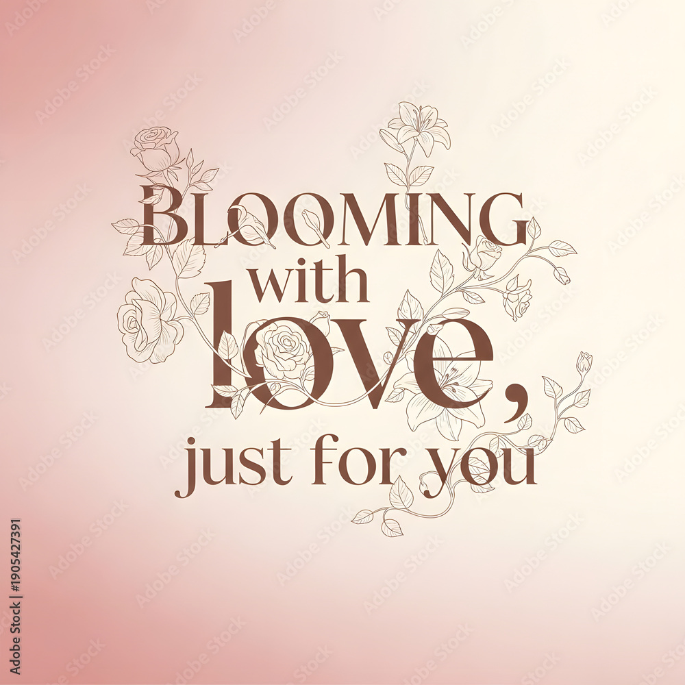 Obraz premium Elegant floral graphic with 'BLOOMING with love, just for you' text on a soft pink gradient background.