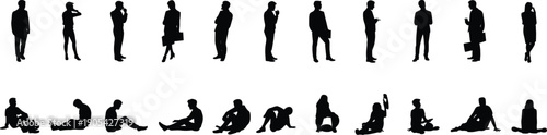 Business people standing, casual sitting poses, professional silhouettes, corporate communication, human posture, social interaction, thinking, waiting, relaxed, modern