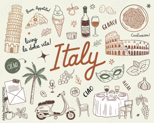 Whimsical Italy Hand-Drawn Vector Illustration Set Featuring Italian Landmarks, Architecture, Food, Travel Icons, Doodles, and Cultural Elements in a Playful Artistic Style