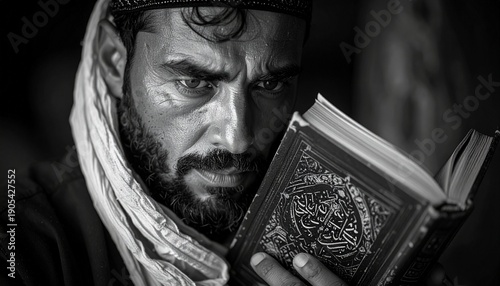 Intense black and white portrait of a man, eyes fixed on an ancient sacred text, reflecting deep contemplation and spiritual devotion