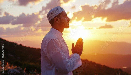 A devout Muslim man finds spiritual tranquility and deep devotion during his sunset prayer on a serene mountaintop, embracing the golden hour's divine light