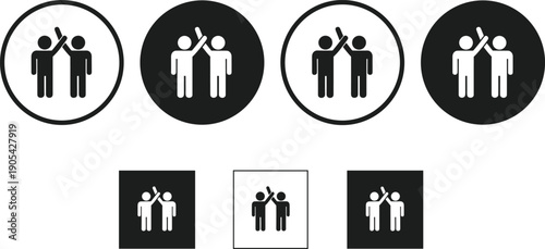 Teamwork high five icon set, people collaboration symbols, success partnership unity concept, minimal black white design, flat vector illustration