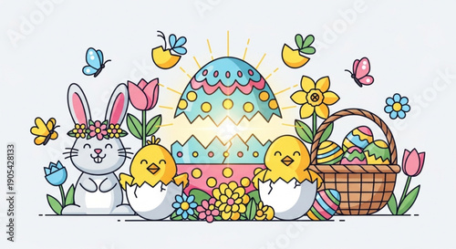 Easter bunny and chicks with decorated eggs in basket and flowers springtime celebration
