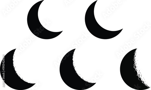 Abstract Crescent Moon Icons with Textured Edges Representing Different Phases of the Lunar Cycle