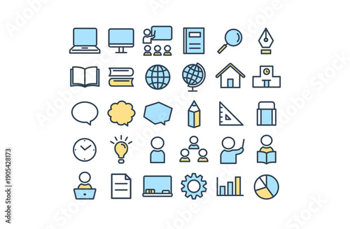 学校・学習・教室のシンプルアイコン集（青と黄色のアクセント）