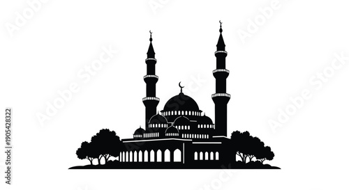 Mosque Silhouette with Minarets and Dome against White Background