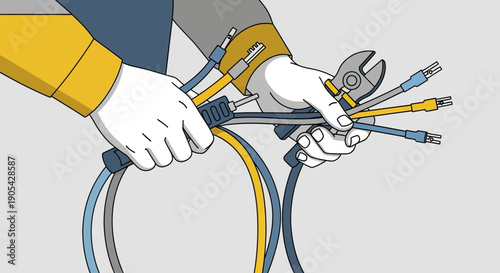 Hands holding colorful cables and tools in flat style for technology and repair themes