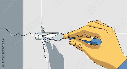 Hand using toothbrush to clean wall cracks in minimalist style artwork