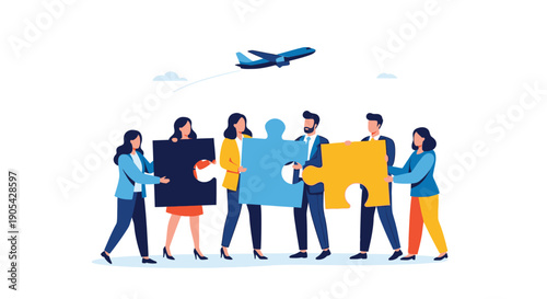 Diverse team members holding puzzle pieces under a flying airplane