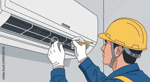 Technician repairing air conditioning unit in detailed flat style artwork