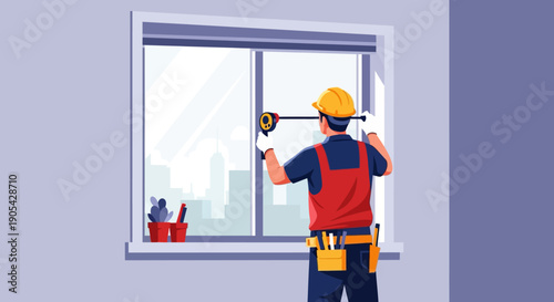 Construction worker measuring window in modern building scene with city view