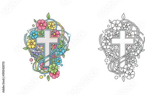 Decorative Christian Cross with Floral Ornaments Vector Illustration set, Colorful and Black and White Outline for Coloring Book or Tattoo Design, Religious Easter Symbol with Spring Flowers