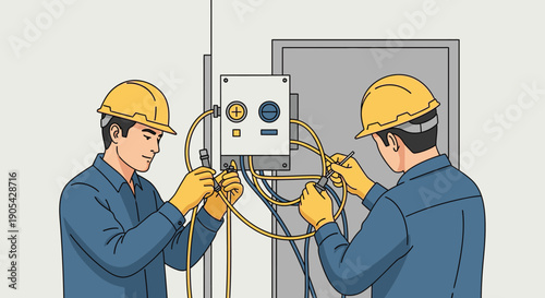 Electricians installing industrial control panel in a linear style illustration