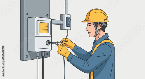 Electrician in hard hat adjusting control panel in modern flat style drawing