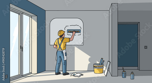 Construction worker plastering wall in modern interior design